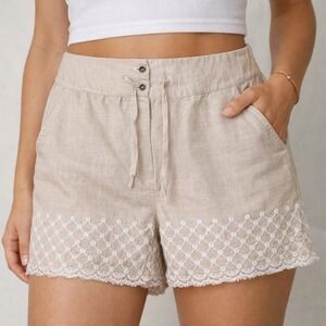 NWT Reistor Sz M 100% Hemp Shorts Beige Embroidered Floral Trim Boho Hippie